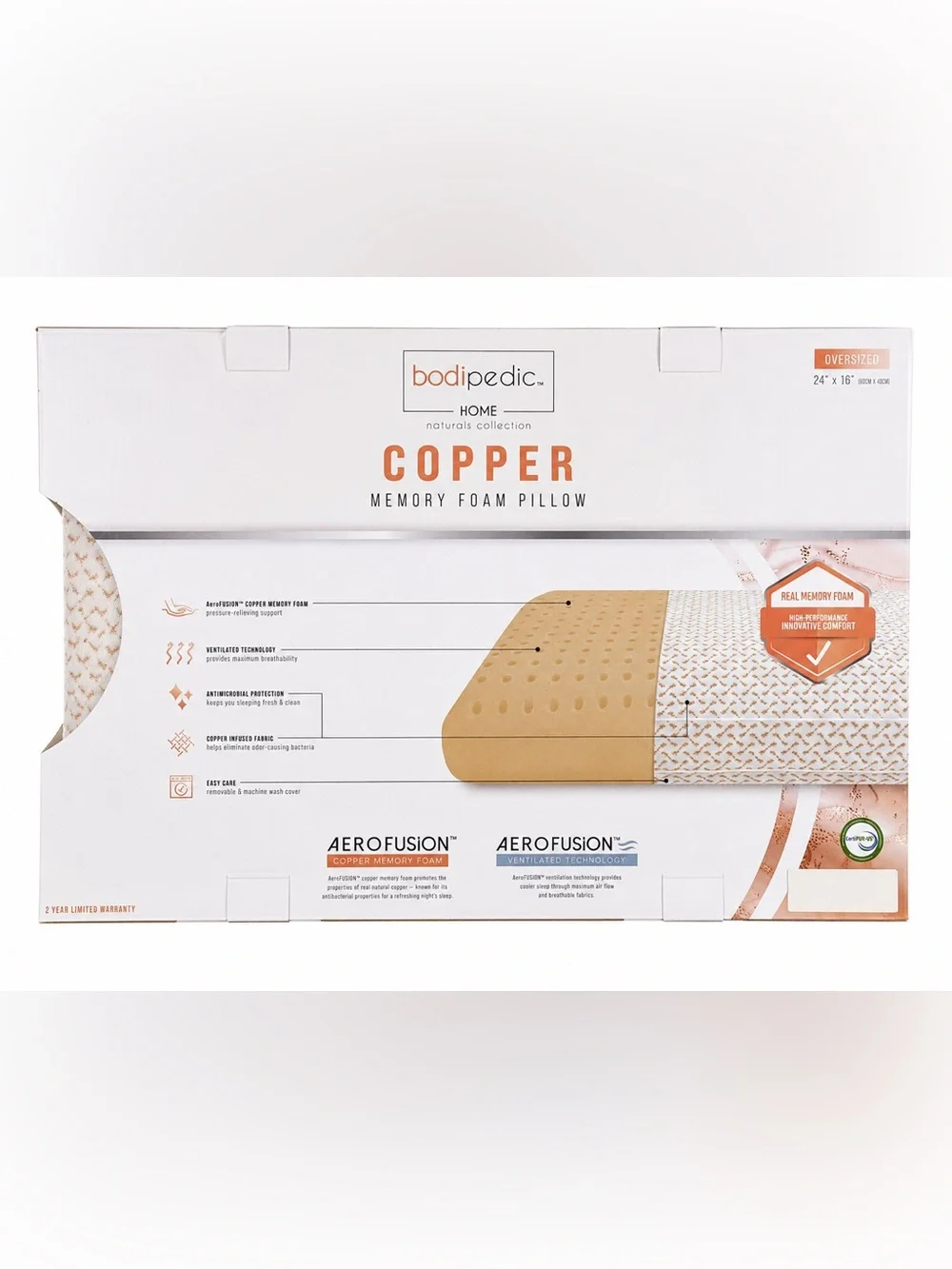 BodiPedic Copper Memory Foam Pillow 24x16 Oversized Cooling